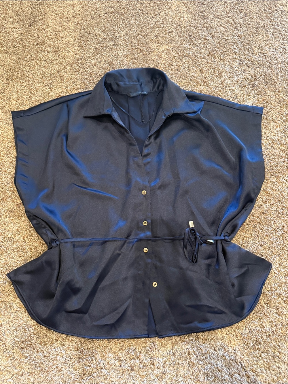 Zara Dark Navy Button-Front Waist-Tie Blouse